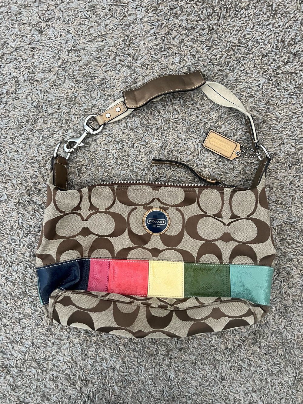 Coach Brown Logo Shoulder Bag with Multicolor Patchwork Trim